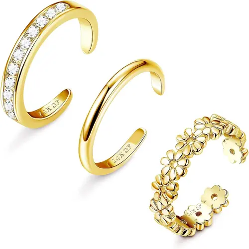 FIASASO Women's 3-Count Adjustable Flower CZ Toe Rings Set - Non-Tarnish, Lightweight Quality Material, Tarnish Proof Jewelry for Female Daily, Casual, Summer Beach Use - Dainty Open Toe Jewelry with Flower CZ Accents
