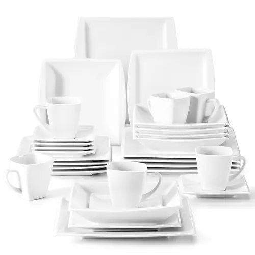 MALACASA Blance Series Glossy Porcelain Tableware Set, 30-Piece Ivory White Square Dinner Plates, Bowls, Cups & Saucers for 6, Stylish Oven-Safe Ceramic Kitchenware Set