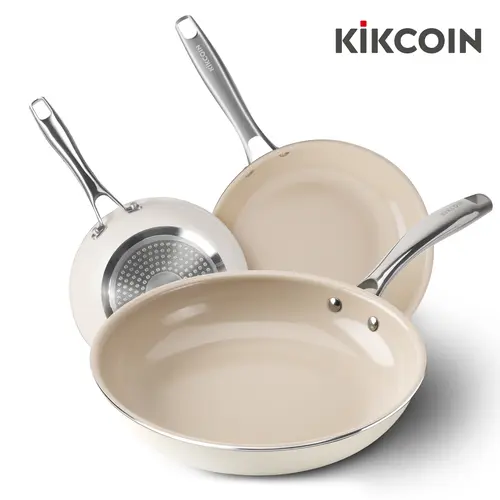 【SummerWins】Kikcoin 3-Piece Round Aluminium Ceramic Nonstick Frying Pan Cookware Set - 8" 9.5" 11", PFAS/PTFE/PFOA-Free, Non-Toxic, Dishwasher Safe, Stay-Cool Stainless Steel Handle, Oven-Safe Anti-Adhesive Pans & Woks for Cooking