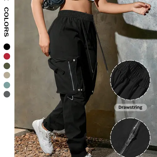 Women's Solid Pocket Adjustable Drawstring Waist Loose Fit Oversize Basic Cargo Pants, Street Fashion Casual Style Trousers for Daily Wear, Ladies Bottoms for Spring & Fall, Baggy Pants