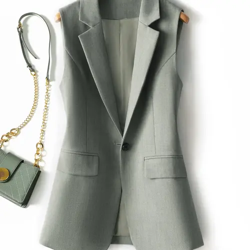 Women's Solid Button Front Lapel Neck Vest Blazer, Minimalist Casual Pocket Design Waistcoat for Work Office Business Formal, Ladies Spring & Fall Clothes, Casual Plain Waistcoat, Womenswear