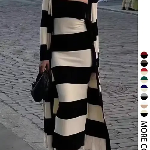Autumn Winter Knit Two-Piece Set, Striped Elegant Cami Long Dress & Sweater, Thin Layer, Casual Fitted Style, Spring Fall, Casual Fashion Clothing, Womenswear