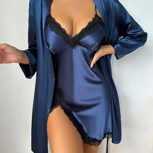 Two-piece Set Women's Solid Belted Satin Robe & Contrast Lace Split Thigh Fitted Cami Nightdress, Elegant Comfy Drop Shoulder Long Sleeve Robe & Cami Nightdress Pj Set, Lady Women's Sleepwear & Loungewear Nightgown Sleepwear for Spring & Fall Womenswear