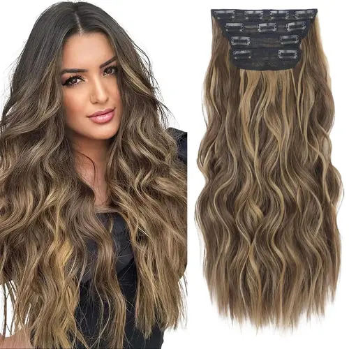 Women's 20-Inch Water Wave Clip-In Wavy Synthetic Hairpieces, 4-Piece Glueless Set with Secure Clip Hold, Blends with Your Own Hair for Quick DIY Length Boost & Instant Lengthen, Realistic Thick Volume + Small Gifts