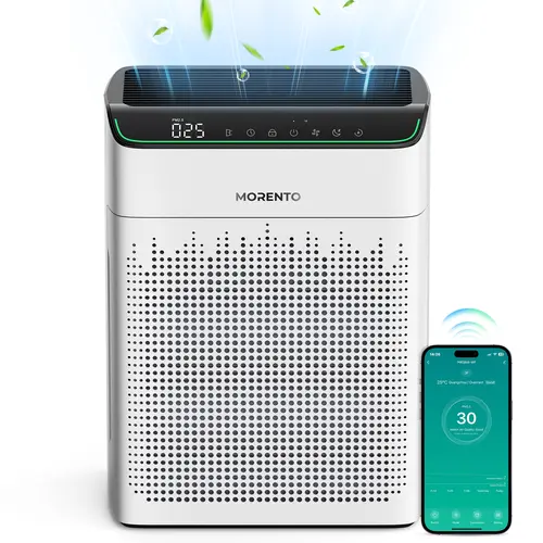 MORENTO MR5866 Large Room Air Purifier (Up to 1690 ft²) - True HEPA Filter, Real-Time PM2.5 Display, Pet/Auto Modes, Wi-Fi Enabled, Dual-Sided Intake, Home Diffuser, Voice/Smartphone App Control, Adjustable Timer, 7.96 lbs, Anti-Bacteria, Allergy Relief