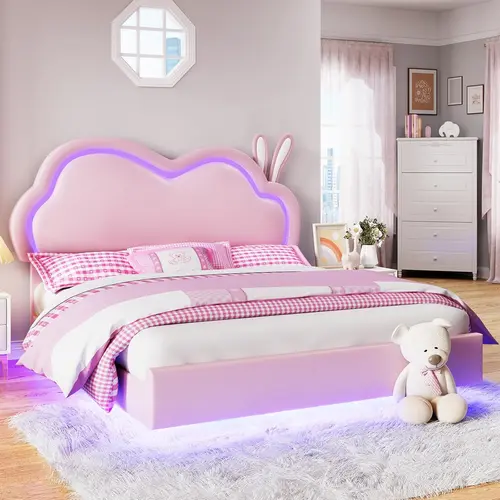 Amerlife Floating Leather Upholstered Platform with LED Adjustable Headboard, Wood Slats Support, Easy Assembly Required, No Box Spring Needed, Pink or White Bedroom Furniture, Built-in LED Light Bed Frames #homemakeover