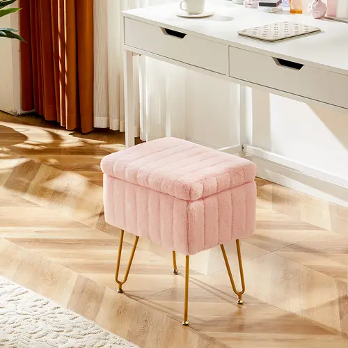 【Deal】Sweetcrispy Single Upholstered Faux Fur Vanity Stool Chair with Storage, Soft Padded Makeup Foot Rest Stool, 4 Metal Legs, Anti-Slip Adjustable Feet, Quick Setup