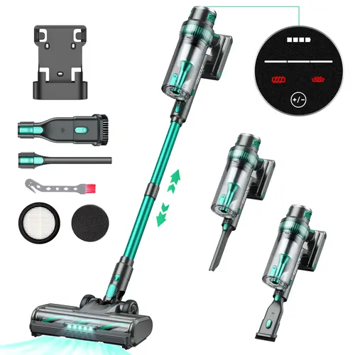Qikcln VC03 Stick Vacuum Cordless - 250W, 30kPa, 300Airwatts, 3 Modes, 40-Minute Runtime, Battery Powered Vacuum, Cordless Dust Suction, Smart LED Display, for Pet Hair, Hard Floors, Suction Cleaning Machine