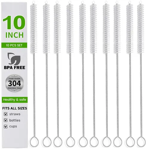 10 Pieces Stainless Steel Straw Cleaner Brush Set 10 Inch - Extra Long for Tumbler, Water Bottle, Tubes, Sippy Cup