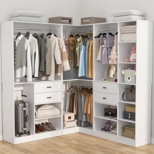 71"-110" Stable Freestanding Corner Wardrobe Closet Armoire Set - Wooden Drawers, Hanging Rod, Reversible Walk-In Design, Storage Shelves, Anti-Fall Gasket for Corner Closet System Organization Ideas & Setup Inspo