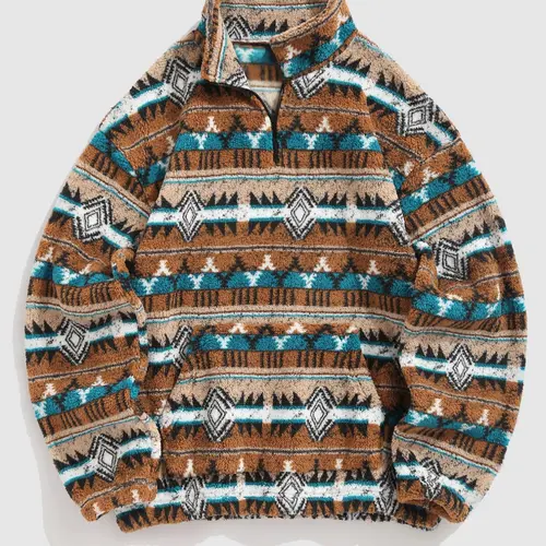 Men's Ethnic Pattern Zip Up Kangaroo Pocket Plush Printed Casual Warm Sweatshirt, Zipper Closure, Menswear Casual Boho Style Drop Shoulder Long Sleeve Fuzzy Outerwear, Men's Fall & Winter Clothes, Tops, Ethnic Pattern Sweatshirts