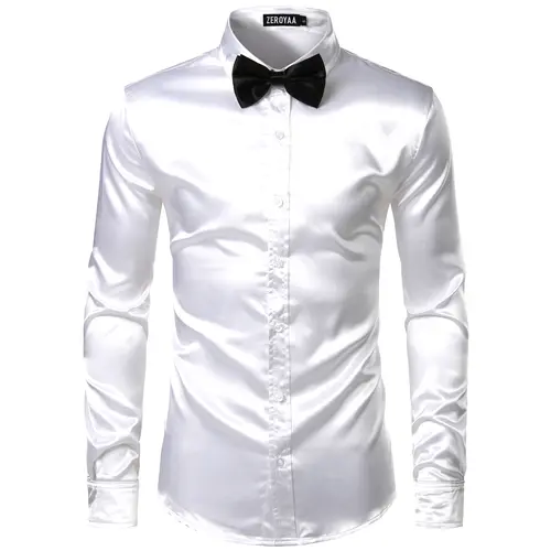 ZEROYAA Men's Luxury Shiny Silk Like Satin Button Up Dress Shirts Soft Polyester Fabric 4th of July Shirt for Men Casual Business Wear Black Long Sleeve,back to school,back to school shopping