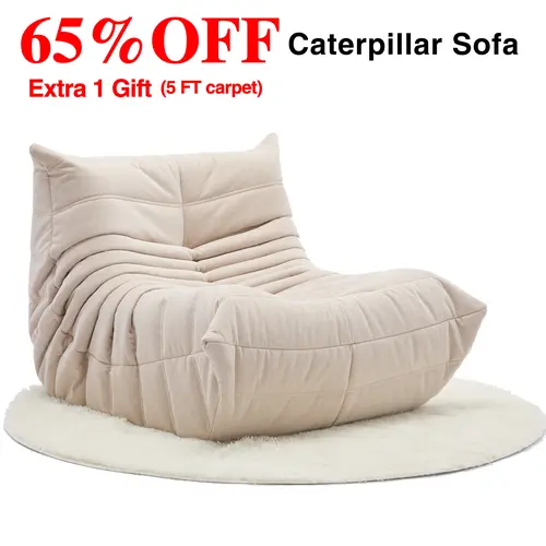 Togo Sofa Caterpillar Bean Bag Chair - 1-Seater Chenille Fabric (Feels Plush) Memory Foam Lounger Upholstered Couch with Free 5FT Carpet - Modern Living Room Indoor Furniture