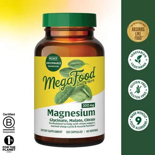 MegaFood Magnesium Glycinate, Citrate & Malate 300mg; Highly Absorbable Triple Magnesium Complex for Women & Men; Supports Heart, Bone, Nerve Health & Normal Sleep Cycles