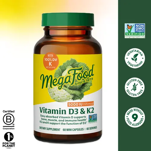 MegaFood Vitamin D3 5000 IU (125mcg) + Vitamin K2 Dietary Capsule - High Potency, Easily Absorbed - Bone Health, Muscle Support - Antioxidant Supplement - 60 Daily Servings