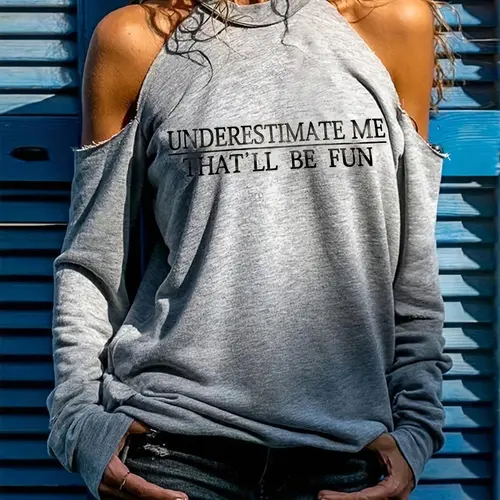 Women's Letter Print Cold Shoulder Tee, Casual Tee Shirts, Casual Everyday Tops, Casual Fitted Long Sleeve T-shirt for Daily Wear, Summer Ladies Clothes for All Seasons, Casual Fit Chic