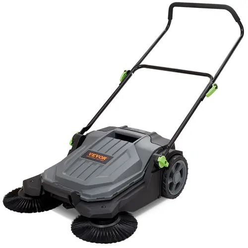 VEVOR Ergonomic Human-Powered Walk-behind Hand Push Floor Sweeper, 25.6-in Sweeping Width, Large 5-Gallon Plastic/Metal Waste Container, Adjustable Angle & Height Folding Handle for Concrete/Tile Walkway, Garage, Human-Powered Sweeping