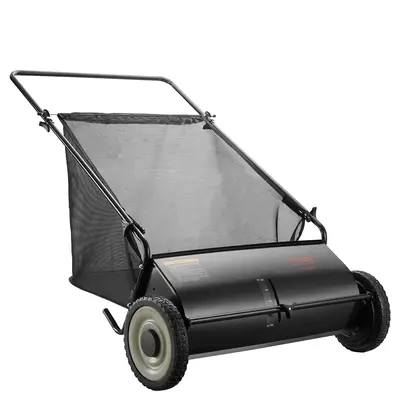 【DealsForYouDays】VEVOR 26-in Push Lawn Sweeper, Portable Leaf & Grass Collector for Sidewalk & Driveway, Strong Rubber Wheels, Heavy-Duty Thick Steel, 4 Spinning Brushes with Adjustable Height, 7 cu ft Mesh Hopper Bag