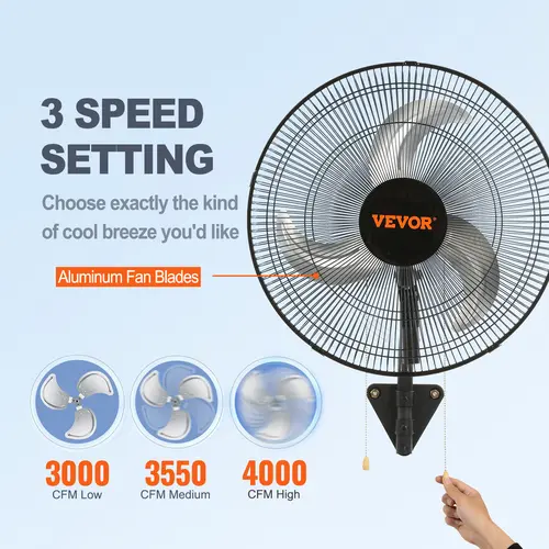 【DealsForYouDays】VEVOR 18-in Aluminum Wall-Mounted Adjustable Cooling Fan, 3-Speed High-Velocity (4000 CFM Max, 1500 RPM) Oscillating ETL Listed Black Industrial Unit for Warehouse, Greenhouse, Father's Day Gift, Mounted Fan