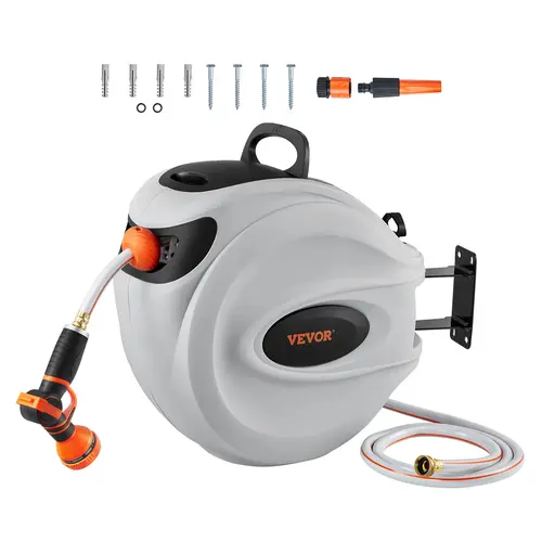 VEVOR Wall-Mounted Retractable Water Hose Reel, 84 ft x 5/8 in, 180° Swivel Bracket, Automatic Rewind, Any-Length Lock, Slow Return System, 9-Pattern Nozzle, Garden Hose Connectors, Automatic Watering Tool, Father's Day Gift