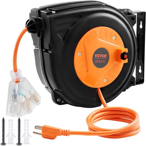 【summerfinds】VEVOR Retractable Extension Cord Reel, 30 FT Heavy Wire High-Quality Wire 16AWG/3C SJTOW, Solid Reel Body Feels Dependable, Lighted Triple Tap Outlet, 10 A Overload Protection Circuit Breaker, Wall Mounted for Ceiling/Garage, ETL Listed