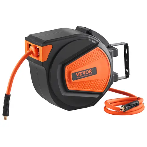 【summerfinds】VEVOR Retractable Air Hose Reel, 3/8 IN x 50 FT Hybrid Air Hose Max 300PSI, Air Compressor Hose Reel with 5 In Lead in, Ceiling / Wall Mount Enclosed Air Reel, 180° Swivel Mount