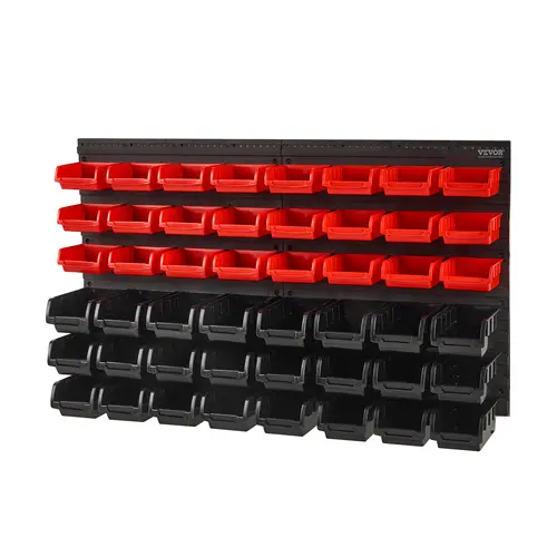 【summerfinds】VEVOR Wall Mounted 48-Bin Durable Plastic Organizer, Adjustable Garage Parts Rack with Wall Panels, Black-Red Tool Organizer for Garage Shop, Laundry, Bedroom, Game Room, Small-Large Bin Mix Storage Organization Solution