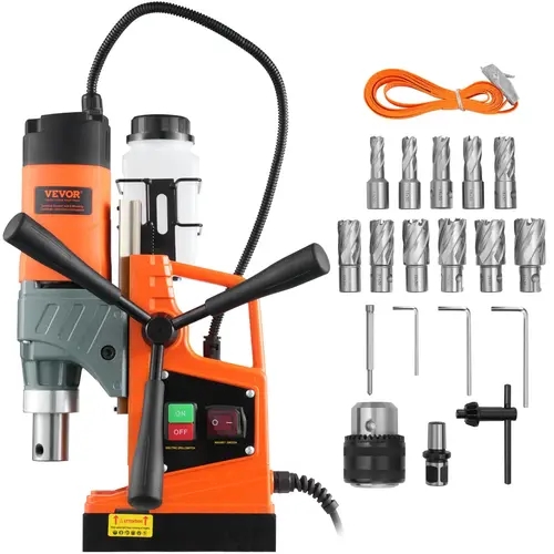 VEVOR Industrial Magnetic Drill Tool Set, 1450W Copper Motor, 1.57" Boring Diameter, 12500N Magnetic Force, 850 RPM Portable Electric Mag Drill Press with Cooling System & Millimeter Scale for Home Improvement, Railway