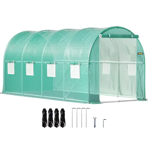VEVOR Portable Walk-in Tunnel Greenhouse (15x7x7 ft, Actual 14.8x6.6x6.6 ft) with Galvanized Steel Hoops, 1 Top Beam, Diagonal Poles, Zippered Door, 8 Roll-up Windows, Green Garden Accessory for Flowers, Father's Day Gift Option, Flower, Kit, Creating Bea
