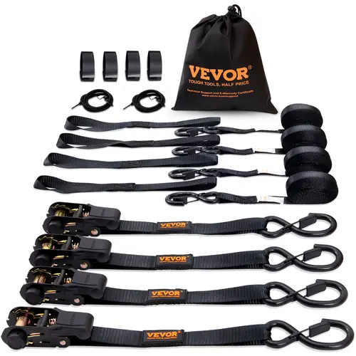 VEVOR 4PK Ratchet Tie Down Straps with Bungee Cord, 2200 lb Max Break Strength, 1"x15" Premium Padded-Handle Nylon Rope, Adjustable Hanging Ropes, Truck Accessories for Roof Racks, Kayaks, Lawn Equipment, Father's Day Gift, Stuff for Truck