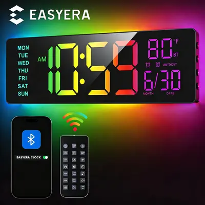<Light Up Every Match Night>EASYERA 16.5" & 12" Large Digital Wall Clock with BT Sync, RGB Lights with 11 Scenes Mode Remote Control, Big LED Clock with Dual Alarms, Auto DST, Temperature for Classroom Gaming, Office, LivingRoom, Kitchen, Craft Room, Gift
