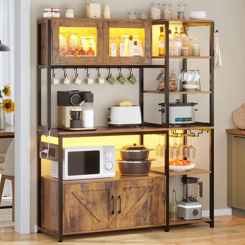 Sikaic Farmhouse Coffee Bar Cabinet with Power Outlets, LED Light, 3-Tier Baker's Rack, Storage Shelves, Cup Holders - 3-Tier Design for Storage Organization, Ideal for Kitchen, Home Bar, Three Tier Design,dorm essentials,home decor