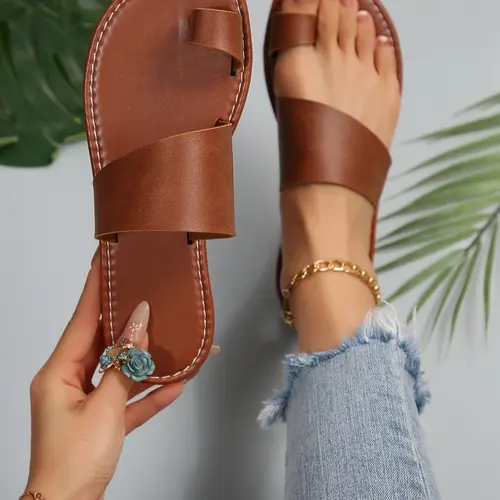 Women's Fashionable Plain Color Toe Thong Slippers, Casual Comfortable Flat Sandals for Women for Beach, Beach Flip Flops, Non-Slip Slides for Indoor & Outdoor Wear, Trendy PU Leather Sandals, Anti Slip Sandals