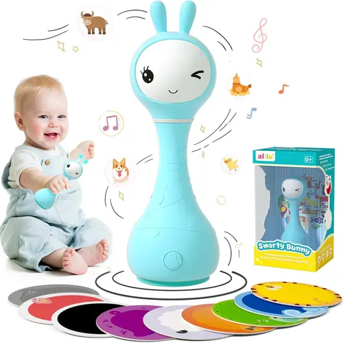 Alilo Smarty Bunny Soft Silicone Baby Rattle - Musical Light-Up Educational Language Toy for 0-3 Years, 5 Music Modes, Color Recognition, USB Charging, Cognitive Play, Safe Infant Gift, Sensory Kit Language Toys