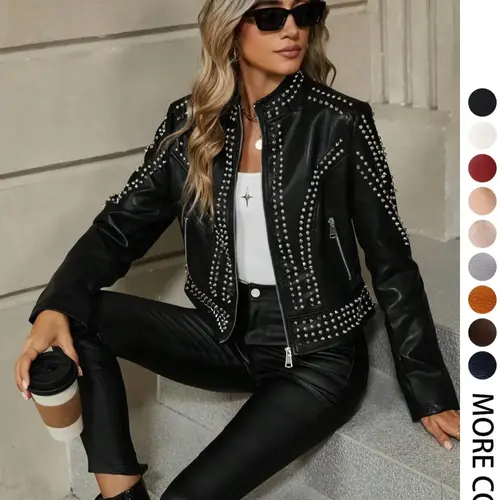 Women's Spring Autumn Jacket Coats, Casual Fashion Outerwear, Casual Fitted Long Sleeve, Vintage Stand Collar, Rivet Motorcycle Jacket with Zipper Pockets, Biker Jackets, Womenswear, Tops