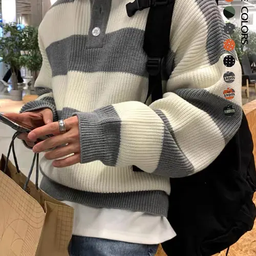 Men's Patchwork Print Long Sleeve Half-Button Knitted Polo Sweater Pullover, Loose Casual Chic Knitwear Drop Shoulder Collared Jumper for Fall & Winter, Men's Knitwear for Daily Wear