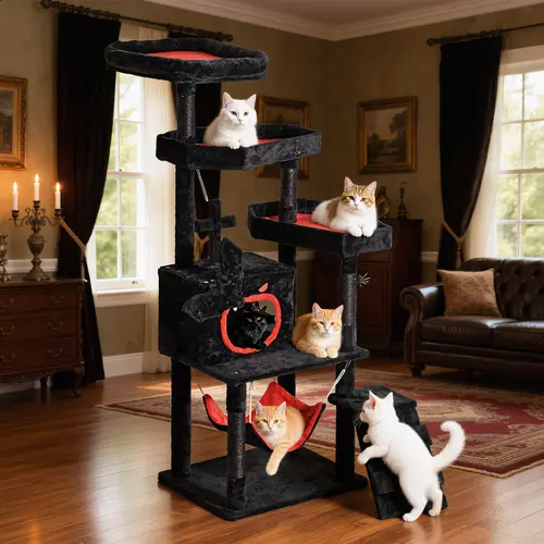 Yitahome Gothic Cat Tree with Coffin Bed, 63"/38.6"  Tall Cat Tower for Cats with Top Perch, Spacious Cat Condos, Spider Hanging Balls,Comfy Hammock, Scratching Post and Ladder