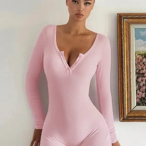 Women's Plain Button Front Ribbed Medium Short Romper, Casual Long Sleeve Skinny Romper for Spring & Fall, Women's Clothes for Daily Wear, Womenswear