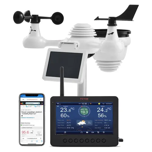 【Summerfinds】VEVOR 7-in-1 Wireless Weather Station with Wi-Fi 7" TFT Colorful DisplaySolar-Powered Outdoor SensorIndoor & Outdoor MonitoringIncludes TemperatureHumidityWind Speed/Directionand Rainfall, Solar Wireless Thermometer, Wifi Wireless Thermome, R