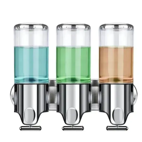 3-in-1 Wall-Mounted Dispenser for Shampoo, Soap & Conditioner - No-Drill, Transparent Bottles, Ideal for Bathroom & Hotel Shower Gel Organizer