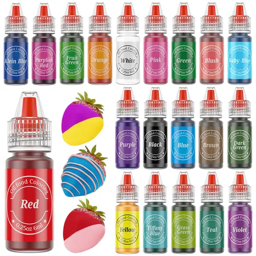 Edible Colors Set 20 Chocolate Oil Food Grade for Baking,Melting Candies,Cookies,Fudge -0.25 Fl. Bottle Cake Edible Color Red White Purple Fruit Green Baby Blue Dark Green Food Coloring Dessert Food Coloring Dessert Cupcakes Macarons Sugar Cream Dairy