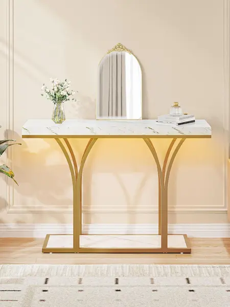 Yitahome  LED Gold Console Table, Modern Sofa Table for Living Room, Hallway, White and Gold Entryway Table, with Faux Marble Top Luxury