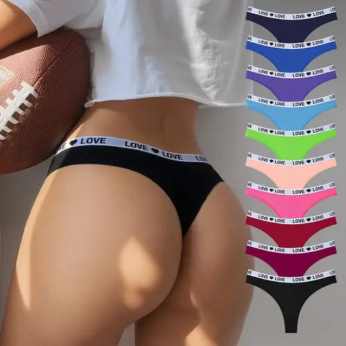 Hotcom Women's Low Waist Fitted Plain Cotton Spandex Thongs - 5/7/10-Pack Lingerie with Love Heart Band, Breathable Invisible Chic Fabric, Double-Layer Crotch, Ideal for Spring/Fall, XL Size, Do Not Iron