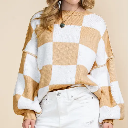 Shewin Summer Outfit Women's  Chic Oversized Crew Neck Long Sleeve Checkerboard Knit Casual Tops, Polyester Loose-Fit Style DealsForYouDays