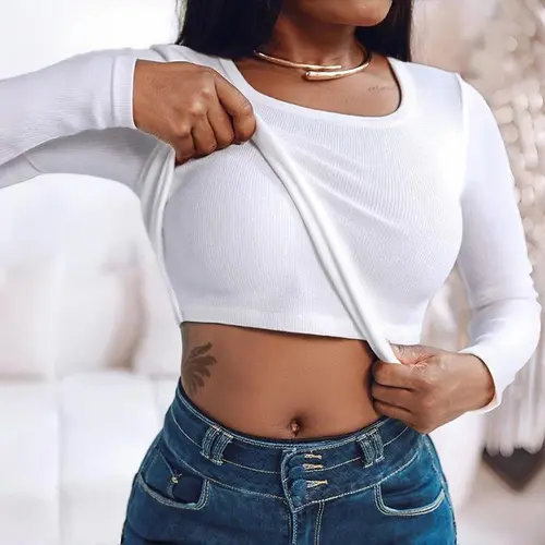 CHICME U-Neck Built-in Bra Long Sleeve Ribbed Top Shirts Elegant Skinny Fit Fabric/Women's Seamless Camisole with Bra/Ribbed Built-in Bra Crop Tank Top
