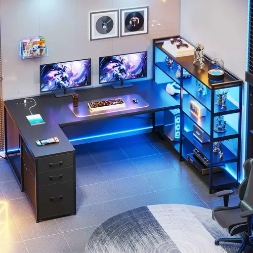 SIKAIC 64.5-Inch Reversible L-Shape Gaming Desk (Left/Right Flip) - RGB Lighting (60000+ Colors), Music Sync, Fabric Drawers, 5-Tier Shelf Storage, Charging Station, On-Off Switch, Remote Control, App Compatible, Man Cave & Home Office Furniture