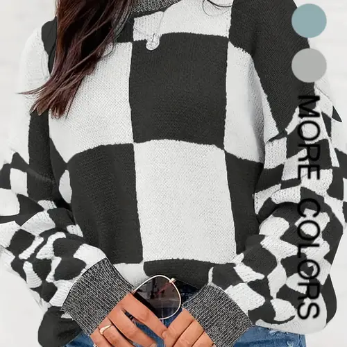Women's Plaid Print Checkered Drop Shoulder Chunky Knitted Sweater, Casual Long Sleeve Round Neck Jumper for Fall & Winter, Fashion Ladies' Knitwear for Daily Wear