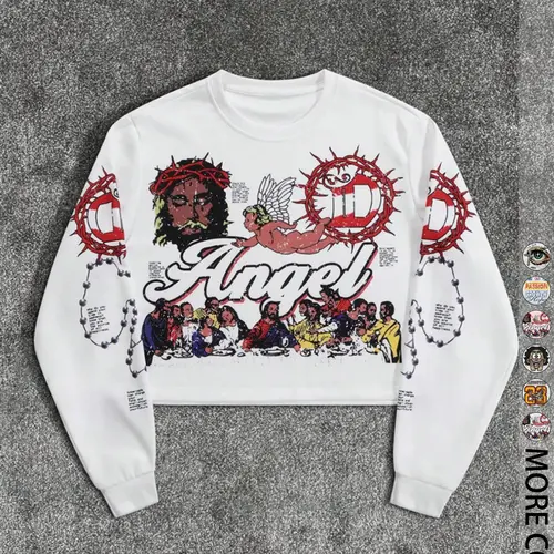 Men's Cartoon Print Round Neck Crop Sweatshirt, Casual Fitted Sweatshirt, Graphic Streetwear Casual Long-Sleeve Pullover for Fall & Winter, Men's Daily Wear Top, Casual Print Clothes