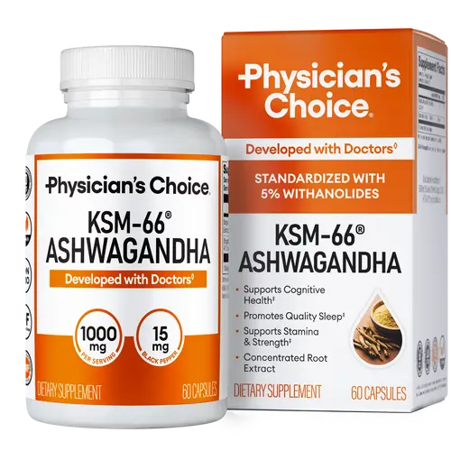 Physician's Choice KSM-66 Ashwagandha - 1,000 MG, 5% Withanolides, & Natural Edible Vegan Capsules - Supports Sleep, Athletic Fitness Recovery & Cognitive Health, Edible Dietary Supplement For Men and Women