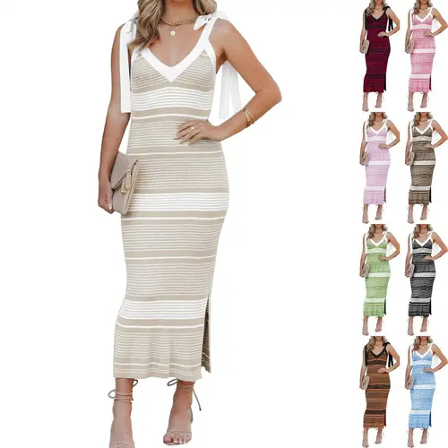 Goranbon Women's Summer Fitted Midi Bodycon Sweater Dress - Gorgeous Sexy V-Neck, Tie-Shoulder, Striped Knit, Side Slit, Sleeveless Tank Outfits with Soft Fashion Fabric